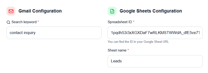 Inboxells automation configuration form with Gmail filter 'contact inquiry' and Google Sheets mapping to the Leads sheet